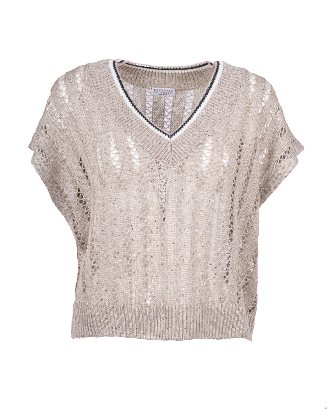 shop BRUNELLO CUCINELLI  Pull: Brunello Cucinelli t-shirt in maglia Dazzling Ribbed Net di lino.
Scollo a V.
Spalla abbassata.
Manica ampia.
Maglia con diversi punti.
Composizione: 94% LINO, 6% NYLON.
Made in Italy.. MCO559412-CJK08 number 935220